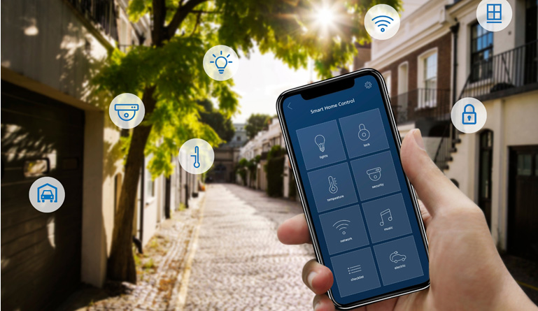 Resident using a smart home control app on a residential street